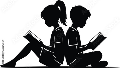 Black and white silhouette vector illustration of two children reading books back to back, education, childhood learning, study, knowledge, imagination