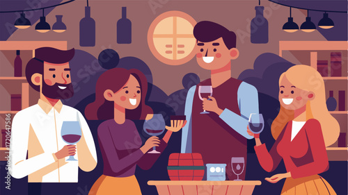 A group of friends chat and laugh over glasses of wine in a bustling wine cellar while a freelancer quietly sits in the corner editing photos for a winerys website.. Vector illustration