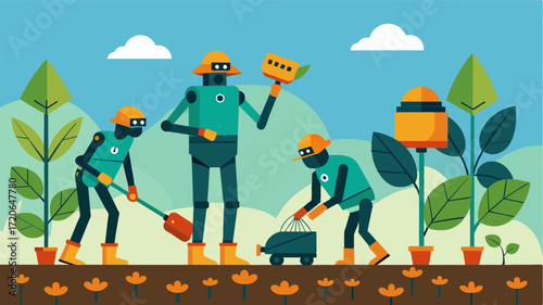 A team of robotic weed pickers swiftly remove unwanted plants from the soil reducing the need for herbicides.. Vector illustration