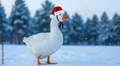 White goose wearing a red Santa hat standing in fresh snow with a beautiful blurred winter forest background.