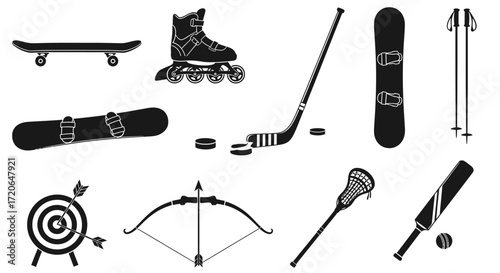 A collection of black silhouette icons representing various sports equipment including skateboarding, rollerblading, ice hockey, snowboarding, skiing, archery, lacrosse, and cricket.