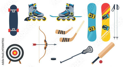 A diverse collection of sports equipment, including skateboards, rollerblades, snowboards, archery gear, hockey sticks, lacrosse, and cricket items.