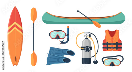 Collection of water sports and diving equipment including a surfboard, canoe, paddle, scuba gear, fins, and life jacket.