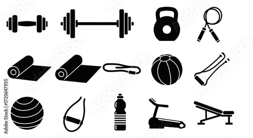 Black and white icons of various gym and fitness equipment for exercise and workout, including weights, mats, balls, and machines.