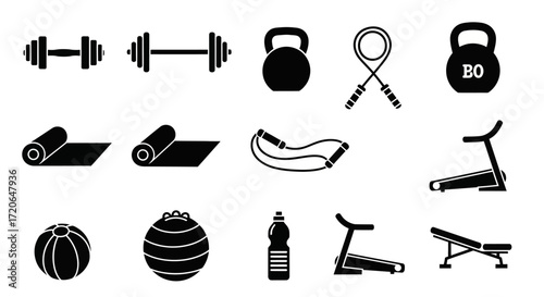 Collection of black silhouette icons representing various gym and fitness equipment on a white background, including dumbbells, kettlebells, treadmills, and yoga mats.