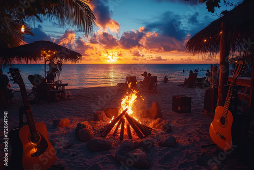 Bonfire blazing on beach at sunset.