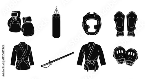 A collection of black and white icons representing various martial arts and combat sports equipment, including uniforms, protective gear, and training tools.