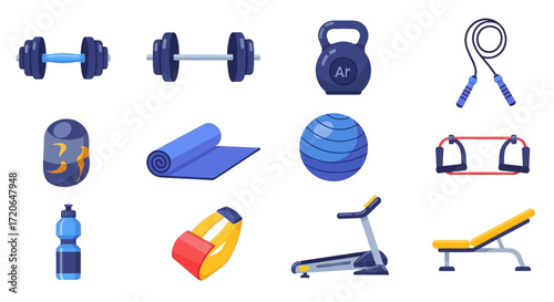 A collection of fitness and gym equipment including dumbbells, kettlebell, jump rope, yoga mat, exercise ball, resistance band, water bottle, treadmill, and weight bench.