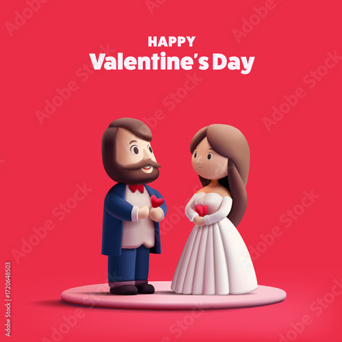 Valentine's Day banner. 3D cute characters of lovers woman and man holding a heart. Confession of love, relationship, love, marriage. Vector illustration.