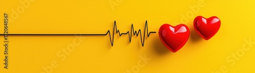 A vibrant yellow background with heartbeat line connecting two red hearts symbolizing love.