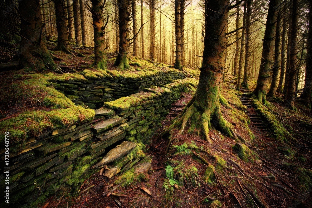 Obraz premium Ancient stone walls, mossy forest path