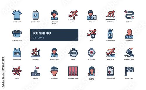 Running color line icons for fitness activity and training gear