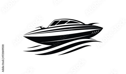 Black and white illustration of a sleek motorboat cutting through waves