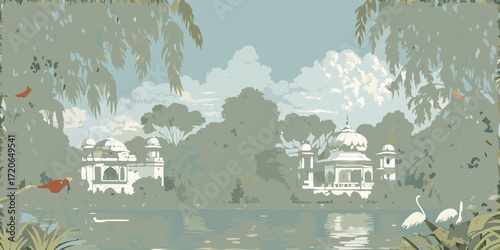 Serene indian landscape with white domed buildings and graceful swans on a tranquil lake
