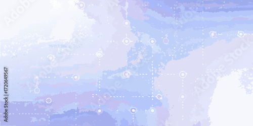 Abstract watercolor background with subtle digital network connections and geometric patterns in soft purple and blue hues