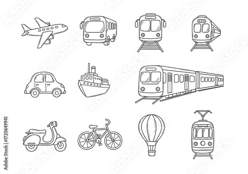 Set of  transport icons in hand drawn doodle style. Vector illustration with airplane, bus, train, car, ship, subway, scooter, bicycle, hot air balloon, tram