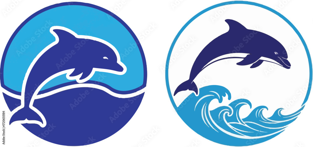 Fototapeta premium Leaping Dolphin Silhouettes in Aquatic Circle Designs