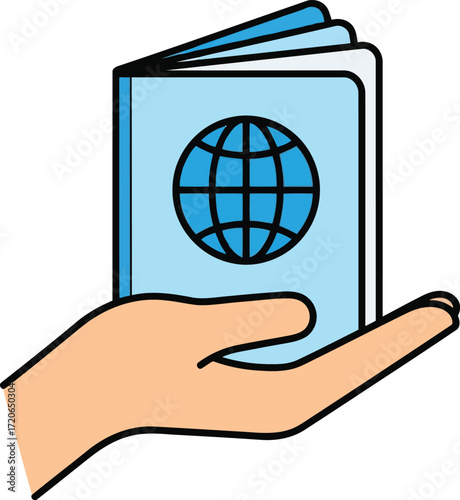 Hand holding passport with globe symbol for international travel and global immigration concepts illustration vector
