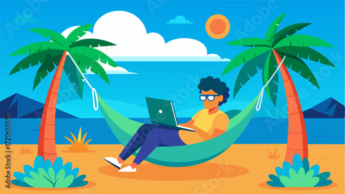 A digital nomad using a portable hotspot to work from a hammock on a tropical island.. Vector illustration
