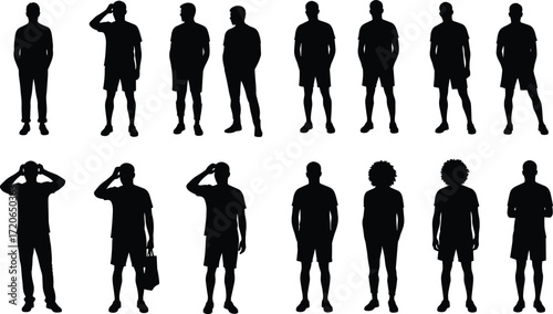 Silhouette of men standing, casual male group, black vector illustration, diverse poses, fashion figure design, people crowd, community concept