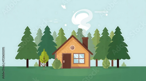 Charming cabin retreat nestled among tall pines, smoke gently rising from the chimney, evoking feelings of warmth, serenity, and escape to nature