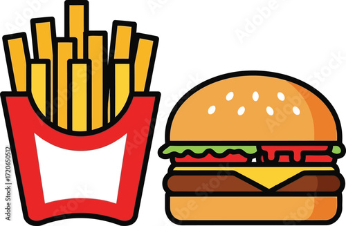 Delicious hamburger meal with crispy french fries isolated vector illustration fast food icons vector