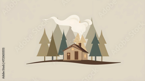 Cozy cabin retreat nestled among serene pine trees, smoke gently rising, offering a sense of peace and escape for winter holidays or nature getaways
