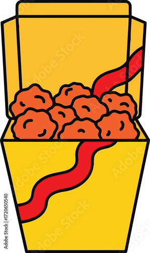 Open takeout box filled with delicious crispy fried chicken nuggets and red ribbon accent vector