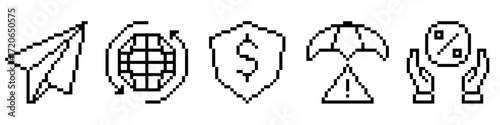 Set pixel finance icon vector for business, accounting, and monetary management. Useful for illustrating a collection of financial tools in a fun, retro, 8-bit aesthetic	