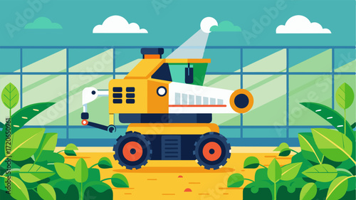 A robotic combine harvester programmed to navigate through a greenhouse efficiently harvesting mature crops without damaging surrounding plants.. Vector illustration