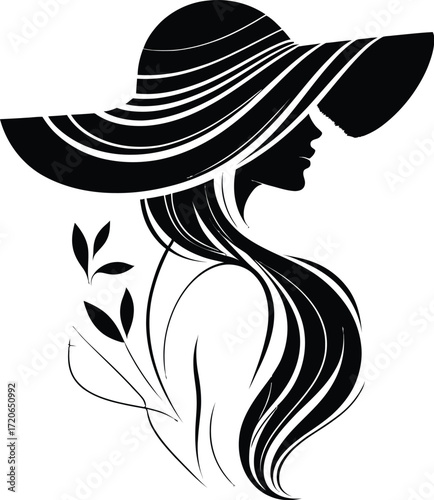 woman wearing wide-brimmed hat, long flowing hair, intricate dress pattern, minimalist silhouette, black and white, elegant, sophisticated, artistic
