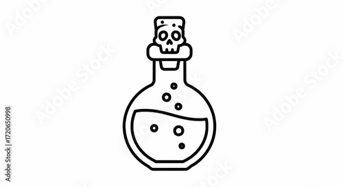 A potion bottle with liquid and bubbles, sealed with a skull-shaped stopper, presented in a simple, outlined style.