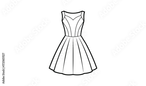 Simple black and white fashion sketch of a flared skirt dress
