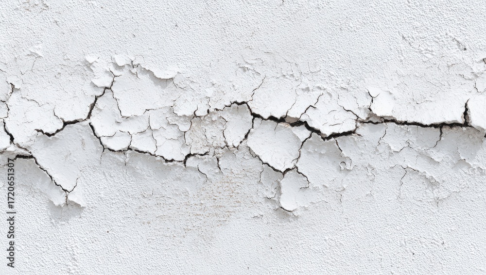 Obraz premium Cracked, aged white paint on a wall surface showing extensive deterioration and damage