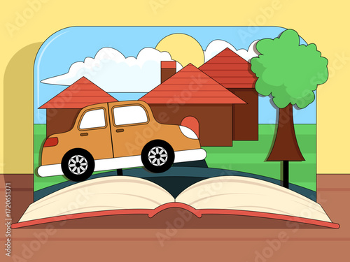 A pop-up book reveals a vibrant 3D scene with a house, car, tree, and sunny sky bringing storytelling to life through playful design and imaginative visual elements for children’s learning.