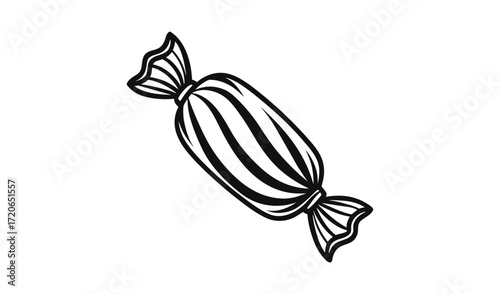 Hand drawn illustration of a single wrapped candy with striped wrapper