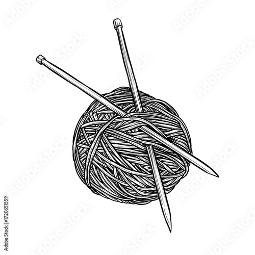yarn balls and wooden knitting needles vector line art hand drawn illustration