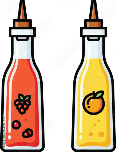 Two squeeze bottles filled with red berry and yellow citrus fruit sauces condiments vector