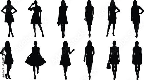 Silhouette of stylish women standing, walking, posing in dresses, fashion female figures illustration, elegance, modern lady outline, vector artwork