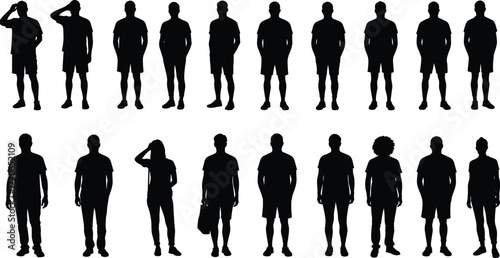 Silhouette of standing people, man and woman group, casual clothing figures, diverse poses, black vector illustration, community, crowd design