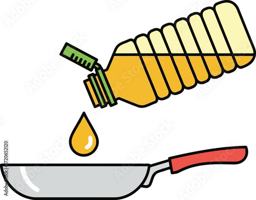 Pouring cooking oil into frying pan preparation for food preparation healthy cooking concept vector