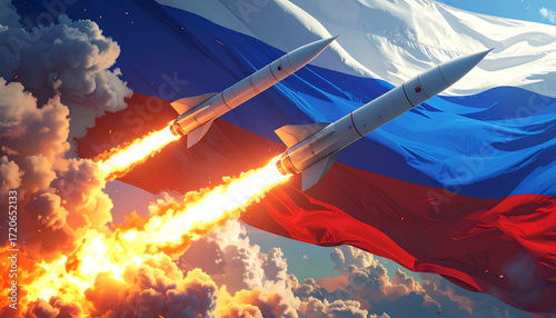 Launch of ballistic missiles and flag of Russia