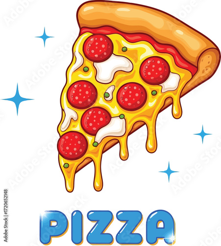 Delicious slices of pepperoni pizza dripping cheese and sparkling elements food photography vector