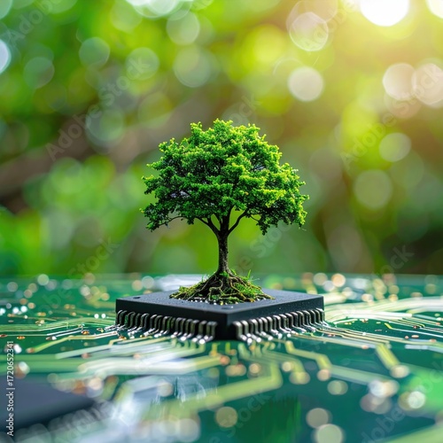 Green Tree Growing on Circuit Board, Sustainable Technology, Eco-Friendly Computing.