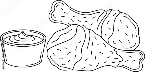 Hand drawn chicken drumsticks with dipping sauce sketch delicious food illustration for culinary projects vector