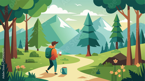 A peaceful hike through the woods during lunch break recharging both mind and body. Vector illustration