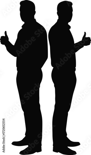 Silhouette of two men standing back to back, giving thumbs up gesture, positive agreement, teamwork, success, business concept illustration