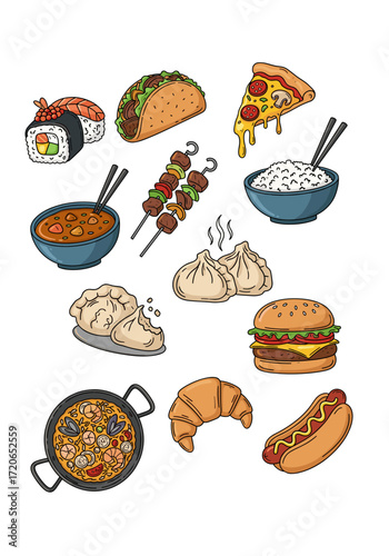 Set of  world food icons in hand drawn doodle style. Vector illustration with sushi, taco, pizza slice, curry bowl, kebab, dumpling, burger, paella pan, croissant, hotdog.
