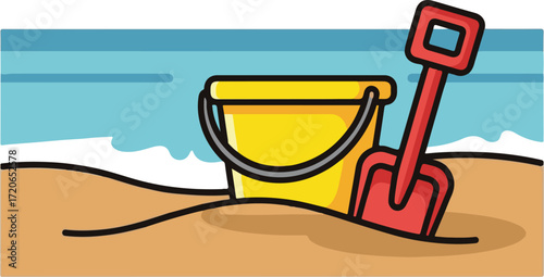 Beach Scene with Sand Bucket and Shovel