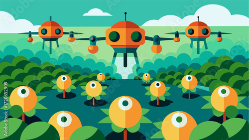 A swarm of small dronelike robots flying in formation carefully inspect and thin out rows of crops in a lush green orchard.. Vector illustration